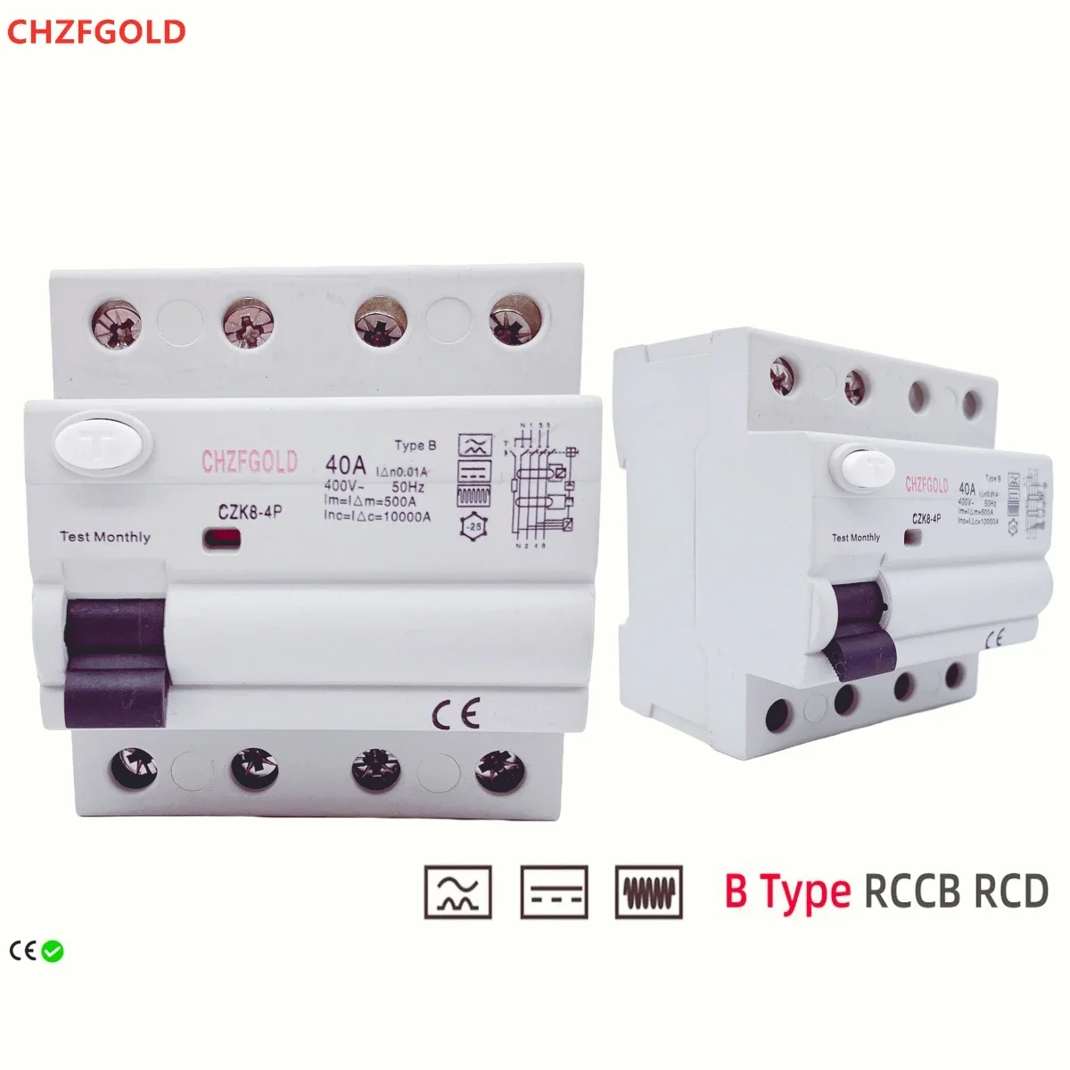 CHZFGOLD-disjonators RCD type B Evse, 4P, 4 polos, CA, earth, 40a, 63a, 30ma, CZF1-63HB, 10KA, carril Din, 220V