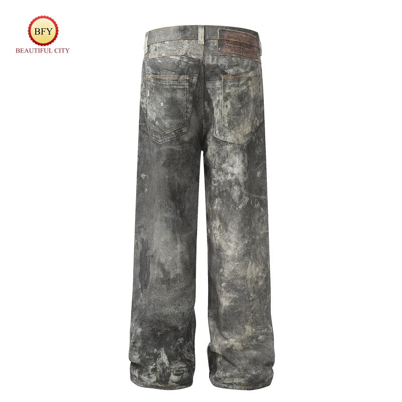 New 24ss High-end 1981 Vintage Splashed Ink Grey Mistake Effect Tinted Printed Low Waisted Wide Leg Mens Womens Jeans