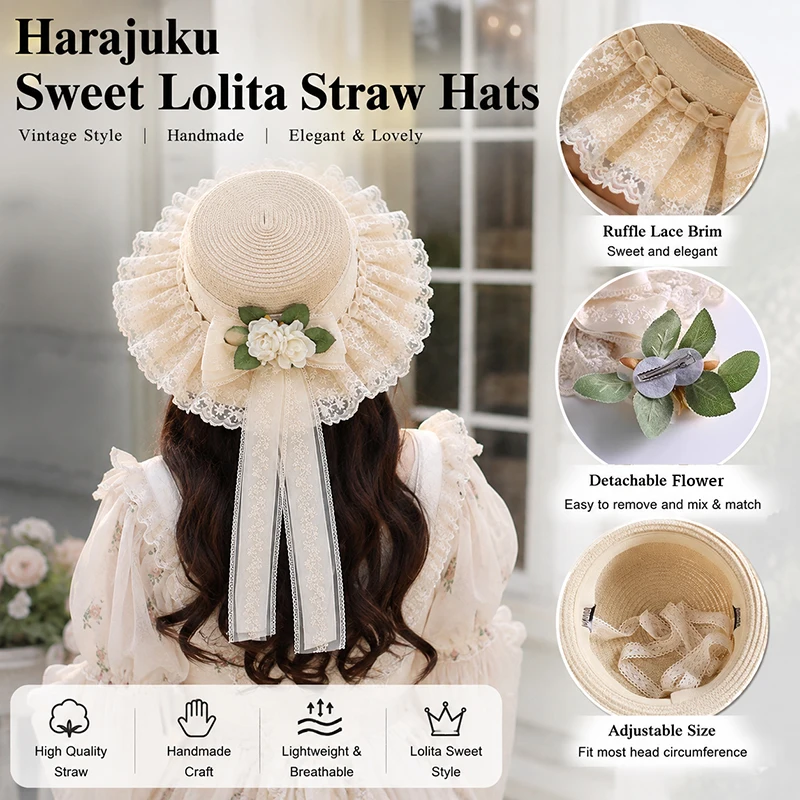Countryside Soft Girl Grass Hat Doll Style Lace Bow Ribbon Sunshade Hat Original Forest Style for Women Girls
