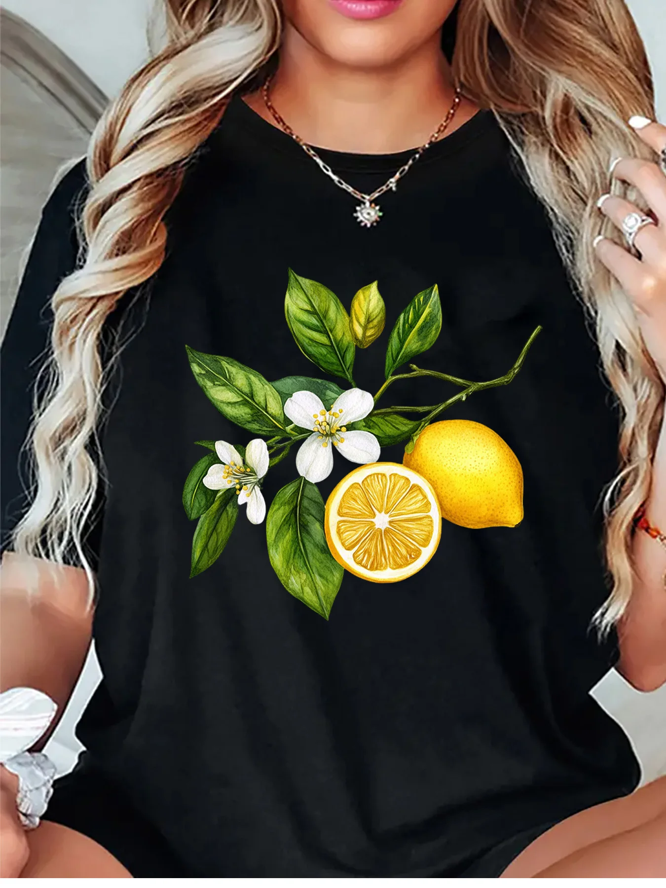Fresh Lemon Branch With White Blossom Graphic Womens T Shirt Short Sleeve Crew Neck Natural Fruit Casual Daily Ladies Tee Tops