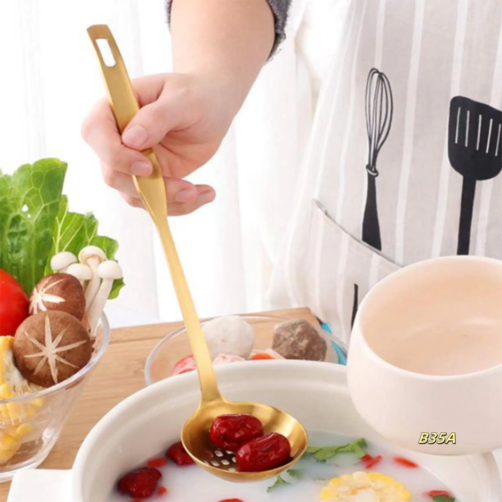 

Gold Soup Ladle Colander Set, Long Handle Stainless Steel Kitchenware Cookware Serving Spoon, For Cooking Utensil(4 PCS)