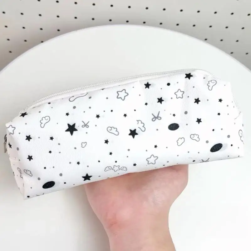 1Pcs Star Cloud Bow Print Canvas Pencil Pouch Large Capacity Portable Zipper Pen Bag Student School Stationery Storage Case