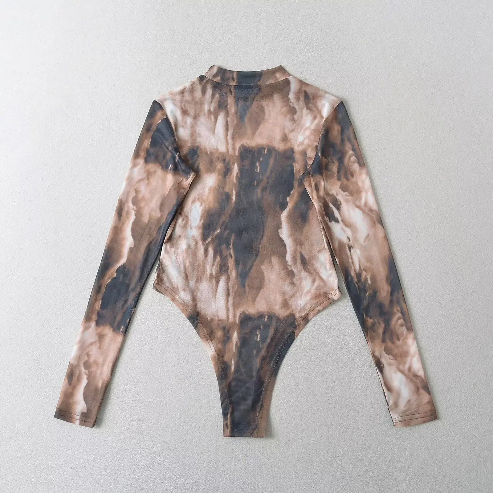 Bodysuit wanita sheer mesh tie-dye warna gradasi seksi 2025, lengan ekstra panjang, jumpsuit transparan, slim rompers playsuit