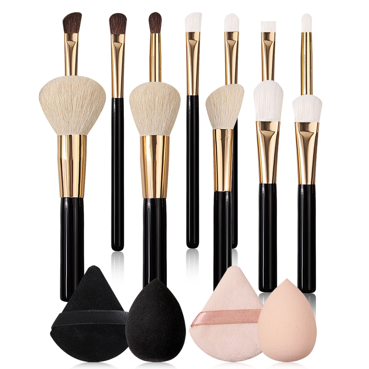 ชุดแปรงแต่งหน้าระดับไฮเอนด์ 12 ชิ้น: แปรงรองพื้น, แปรงปัดแก้ม, แปรงอายแชโดว์, ฟองน้ำแต่งหน้า 2 ชิ้น, พัฟแป้งสามเหลี่ยม 2 ชิ้น