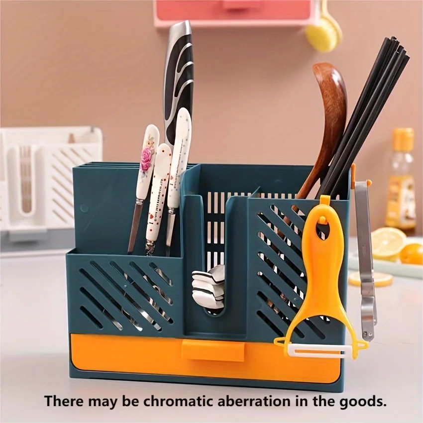 Plastic Kitchen Utensil Organizer Rack with  Holder, Fork and Spoon  Box, Chopsticks Cage, and Drain Tray - 1pc