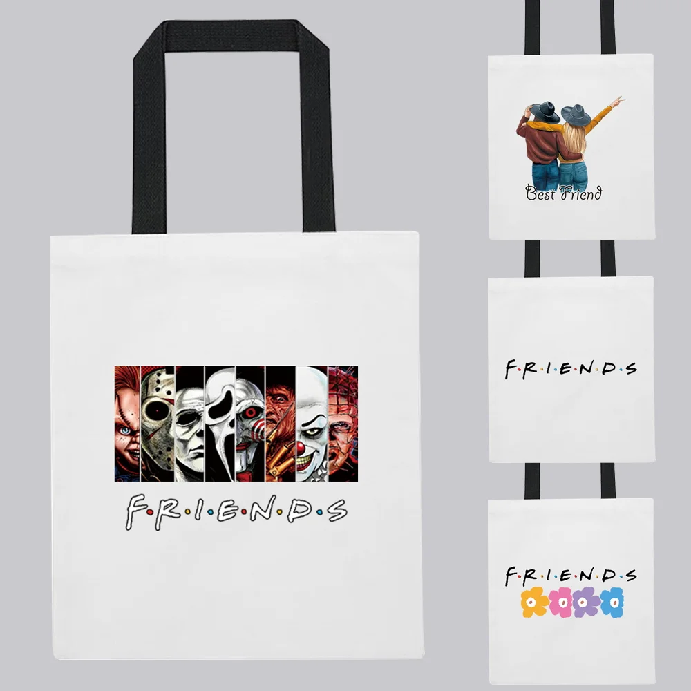 

Fashion Woman Shopping Bag Shoulder Bag Canvas Bag Cartoon Good Friend Pattern Printing Series White Leisure Travel Tote Handbag