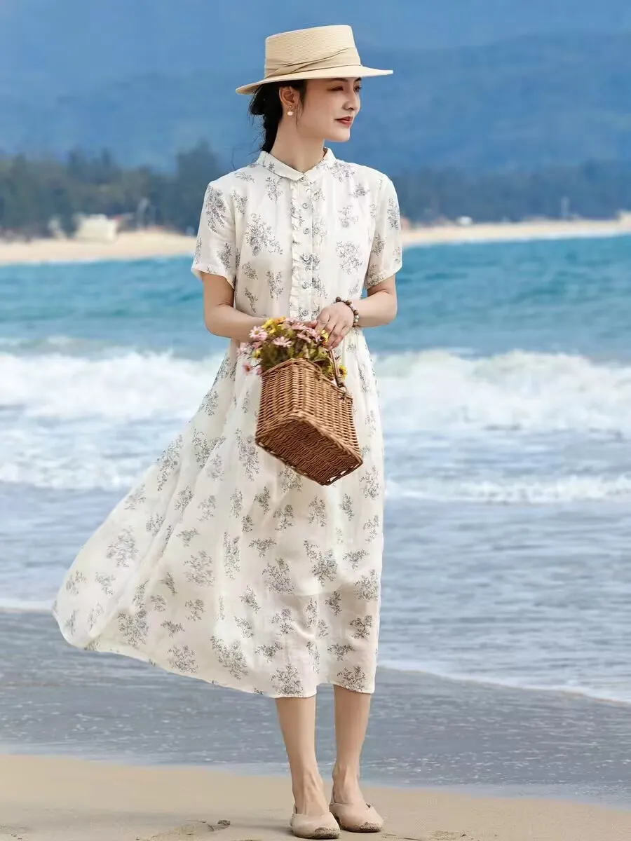 Vestido largo de lino con estampado floral estilo francés para mujer, falda de verano con corte en A, vestido midi básico de algodón de manga corta con sensación fresca F905