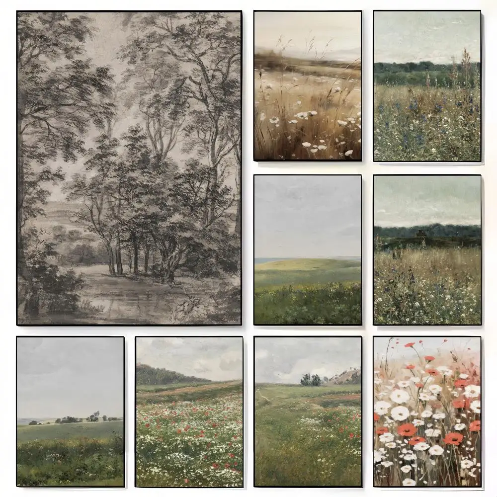 Wildflower Field Poster Landscape Sketch Neutral Forest Canvas Painting for Living Room Home Farmhouse Decoration Cuadros
