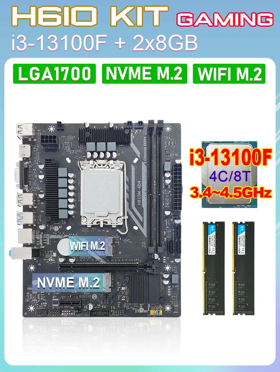 مجموعة اللوحة الأم H610 LGA1700 مع وحدة المعالجة المركزية i3-13100F 2*8GB DDR4 RAM لتقوم بها بنفسك معالج اللوحة الأم لألعاب الكمبيوتر ومجموعة الذاكرة LGA 1700