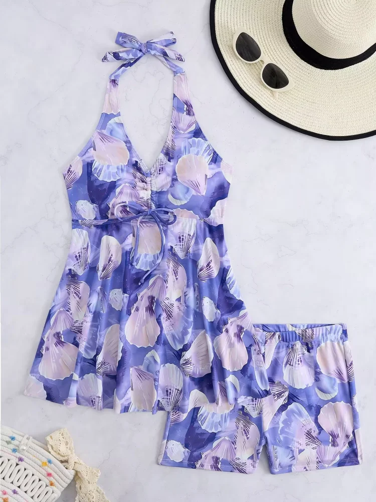 

Two Piece Swimsuit Women 2025 New Shell Print Halter Sexy Tankini Swimwear Summer High Waist Shorts Beach Bathing Suits Female
