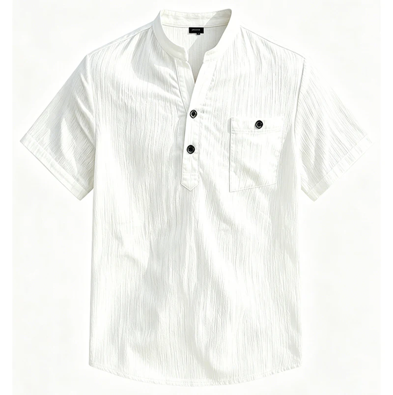 2026 Neues Herren Kurzarm Henley-Shirt mit Stehkragen und Tasche, Locker Geschnitten, Sommer Strand Alltags-Freizeitoberteil – Detail 7