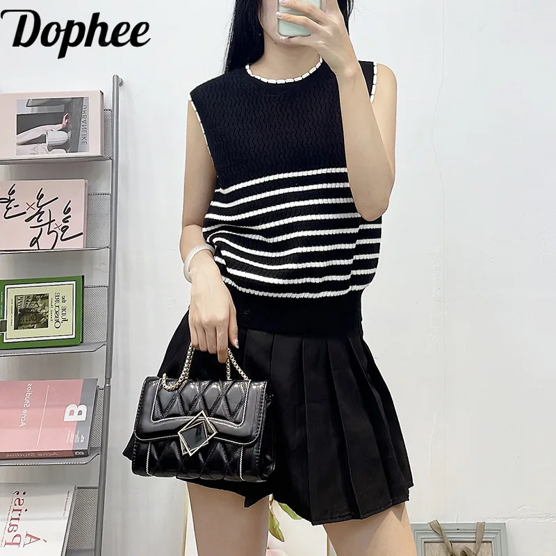 High Quality Spring Summer Sleeveless T-shirt Colorblock Stripes O-neck Sweater Vests Elegant Women Knitted Basic Shirt 2024