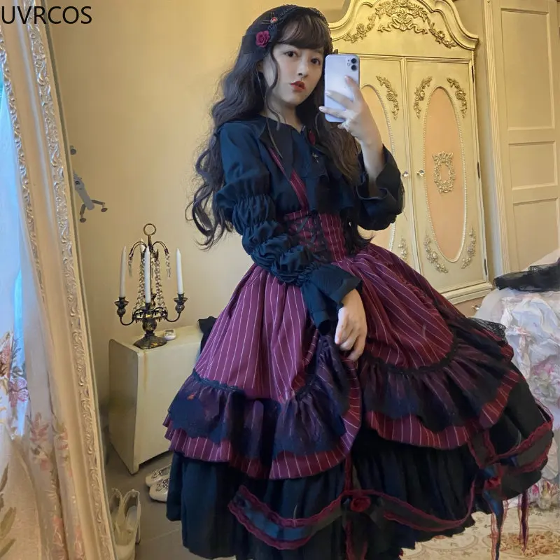 Victorian Gothic Lolita Jsk Dress Women Halloween Y2k Bat Collar Shirt Woolen Princess Dresses Vintage Punk Harajuku Party Dress