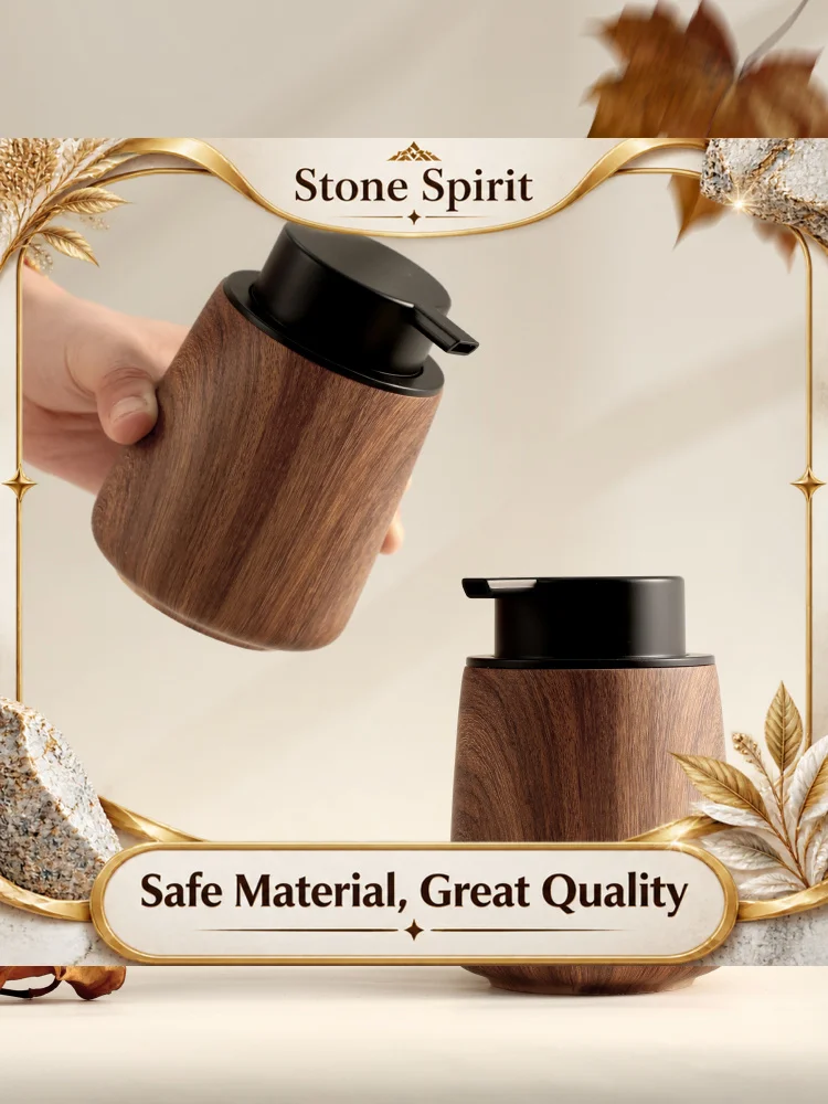 【Premium】Retro Walnut Wood Grain Foam Pump Bottle - Press Dispenser for Shampoo Body Wash, Minimalist Bathroom Organizer & Decor