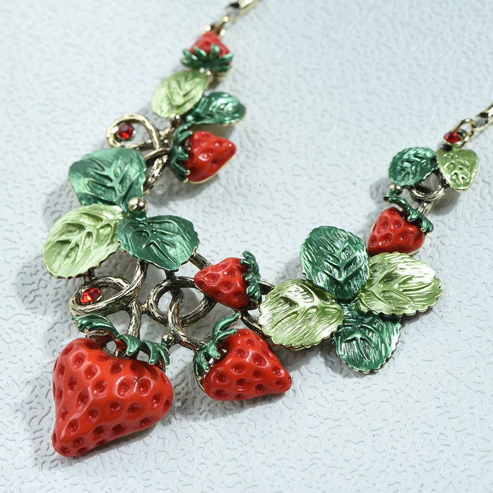ICEYY Luxury Vintage Red Resin Strawberry Choker Necklace  Earrings Set For Women Wedding Jewelery