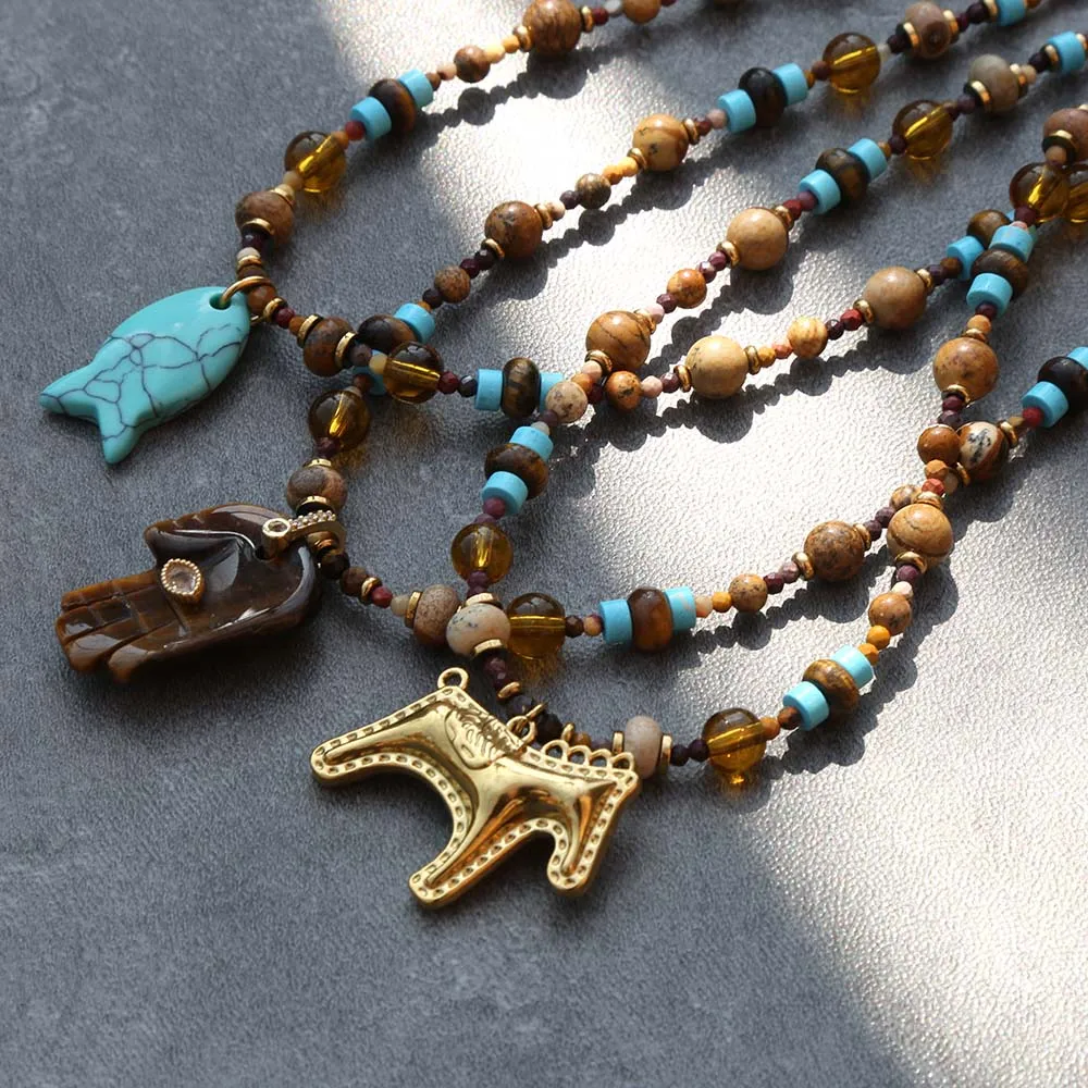 2026 French high-quality natural stone crystal handmade beaded necklace with tiger's eye stone Buddha hand fish horse pendant