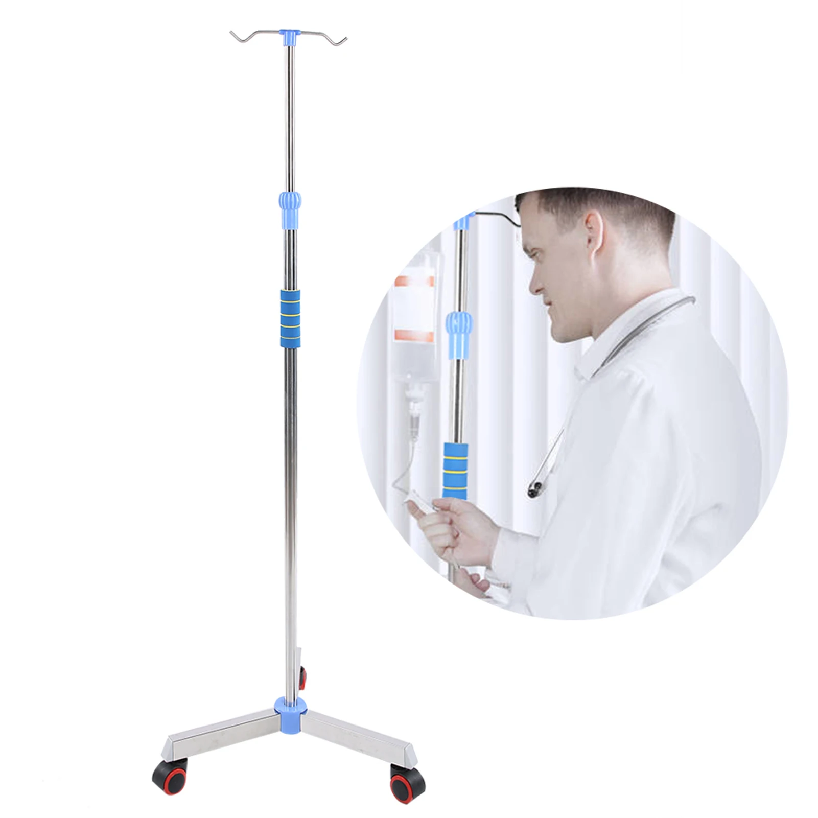 Adjustable IV Pole Stainless Steel IV Drip Stand  Holder with 2 Hooks &amp Wheels for Home Clinic Stand IV Pole