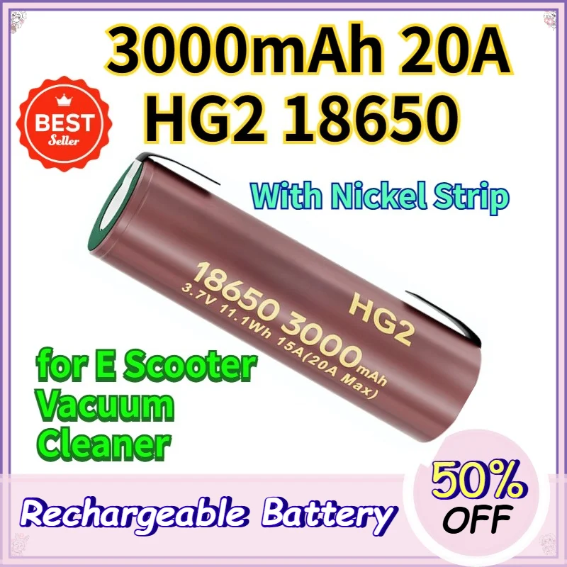 3000mAh 3.7v 18650 HG2 Battery 20A Continuous Discharge Pre welded Nickel Strip for E Scooter Vacuum Cleaner