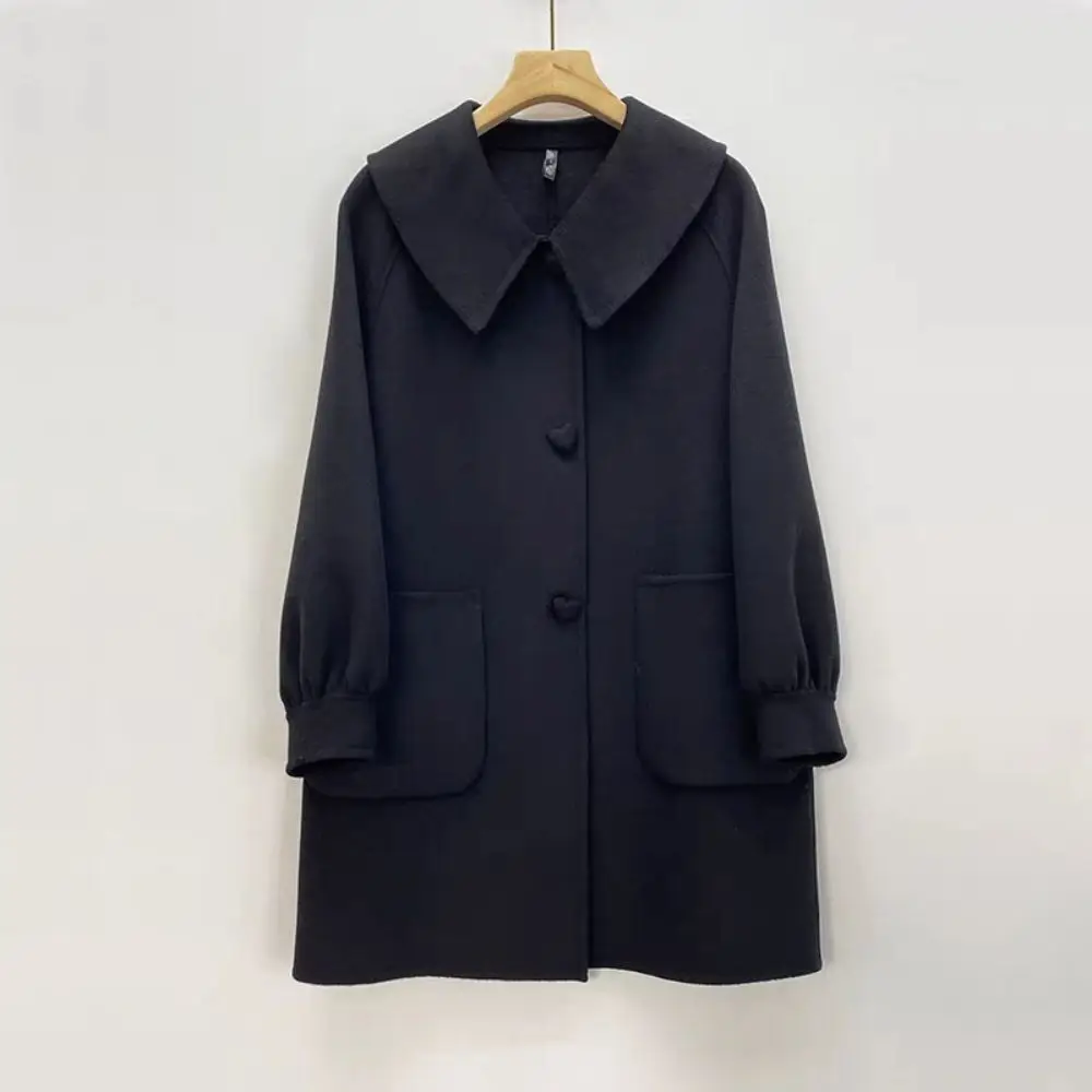 

Шерстяное пальто средней длины в стиле ретро, женское шикарное кардиган с откидным воротником и длинными рукавами, женские топы, ветрозащитные пальто с пряжкой в форме сердца, женские пальто