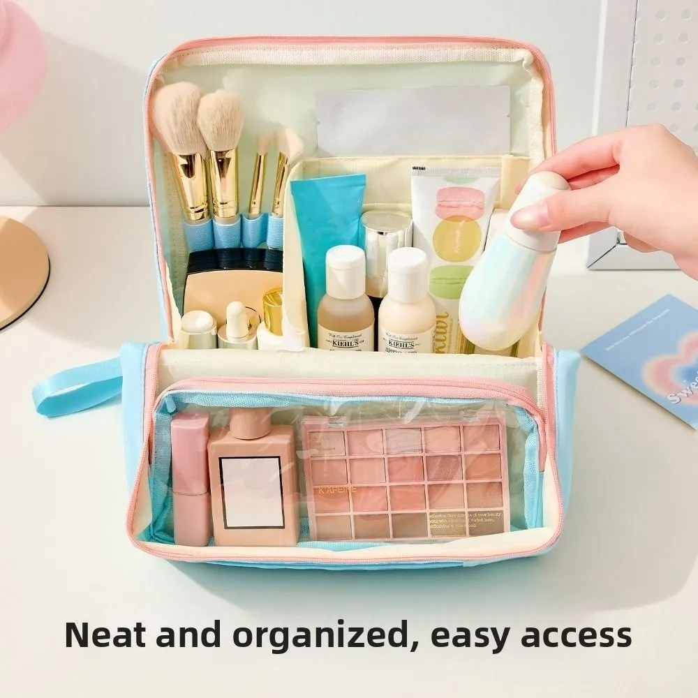 Borsa per trucco verticale di grande capacità Borsa portaoggetti per la cura della pelle standabile multiscomparto portatile divisoria