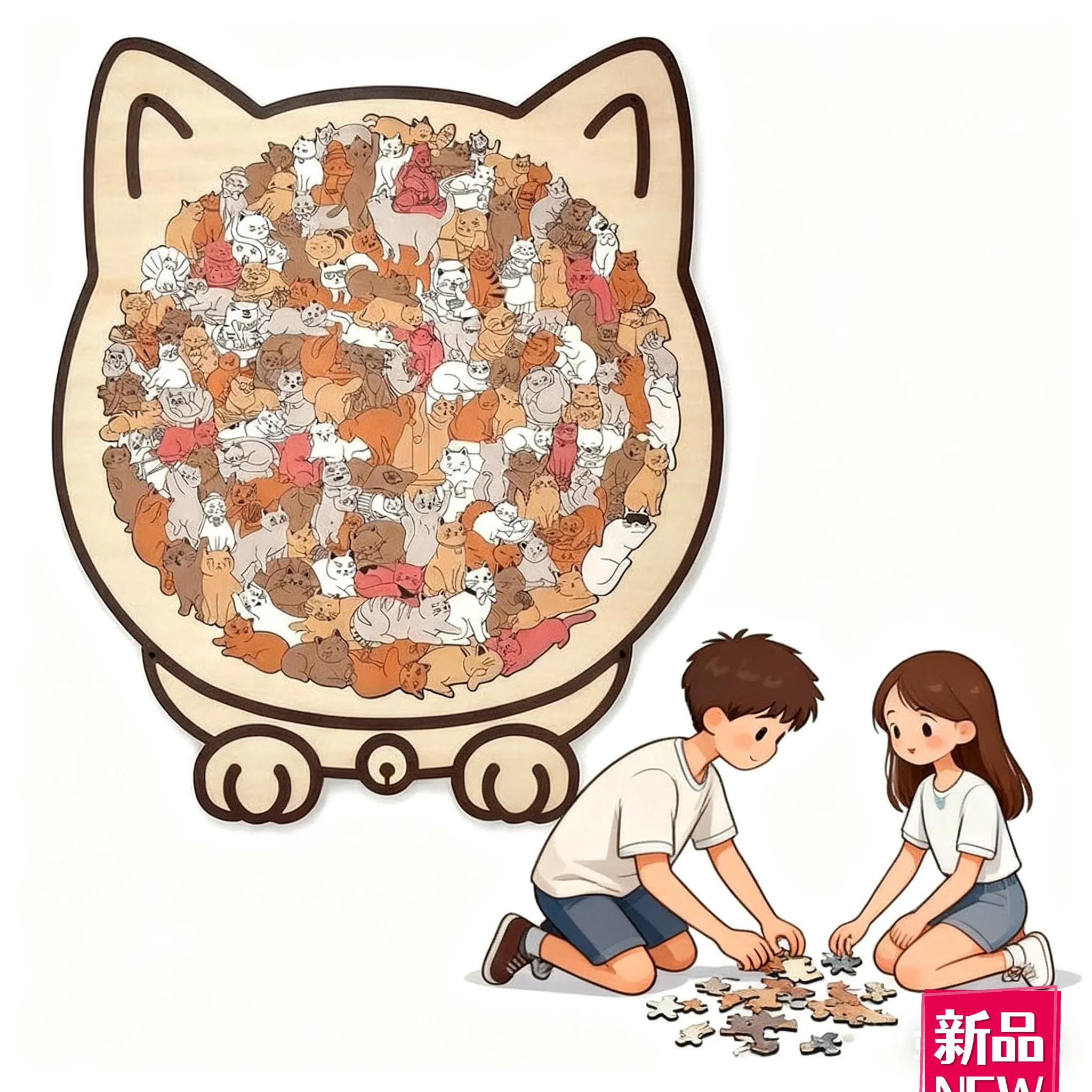 Macaron-Colored Cat Wooden Puzzle, Colorful Animal-Shaped Jigsaw for Unique Home Wall Decor and Cute Gift New