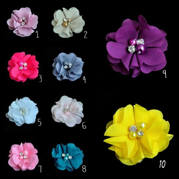 200pcs/lot 5CM Lovely Soft Handmade Chiffon Fabric Flower Accessories With Bling Rhinestone Buttons For Girl Headwear/Dress/Hat