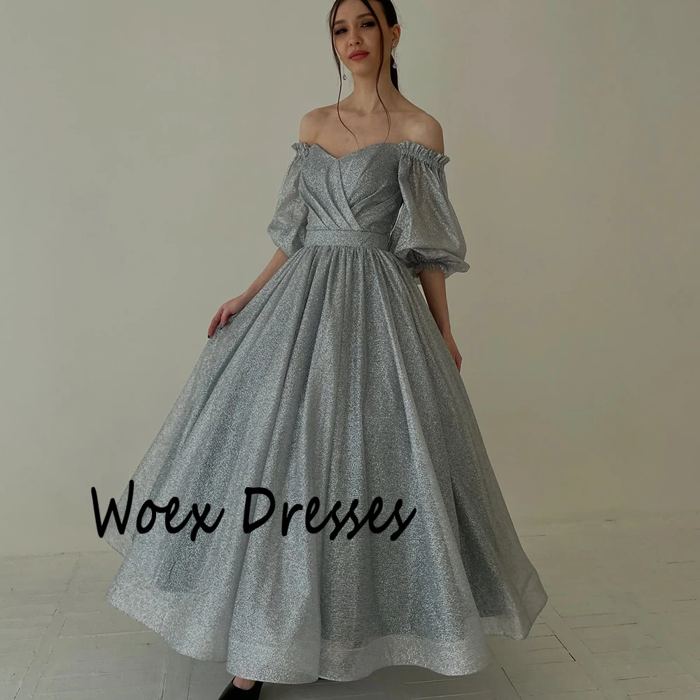 Sukienka wieczorowa z tiulu, drapowana, z odkrytymi ramionami, w kształcie litery A, z krótkimi rękawami, bez pleców, błyszcząca, do kostek, na studniówkę, szyta na miarę.