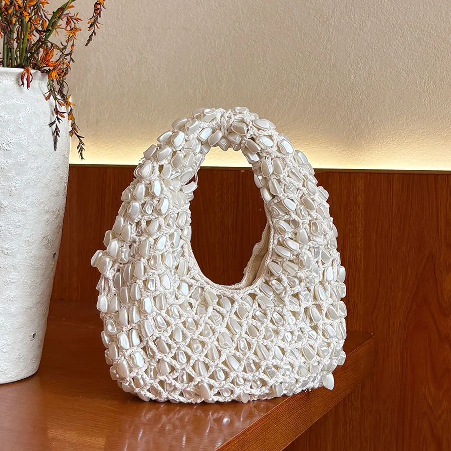Fashion Hollow Design Women's Bag High-Quality Hand Woven Bead Commuting Casual Armpit Bag Lady Handbag Female Purse