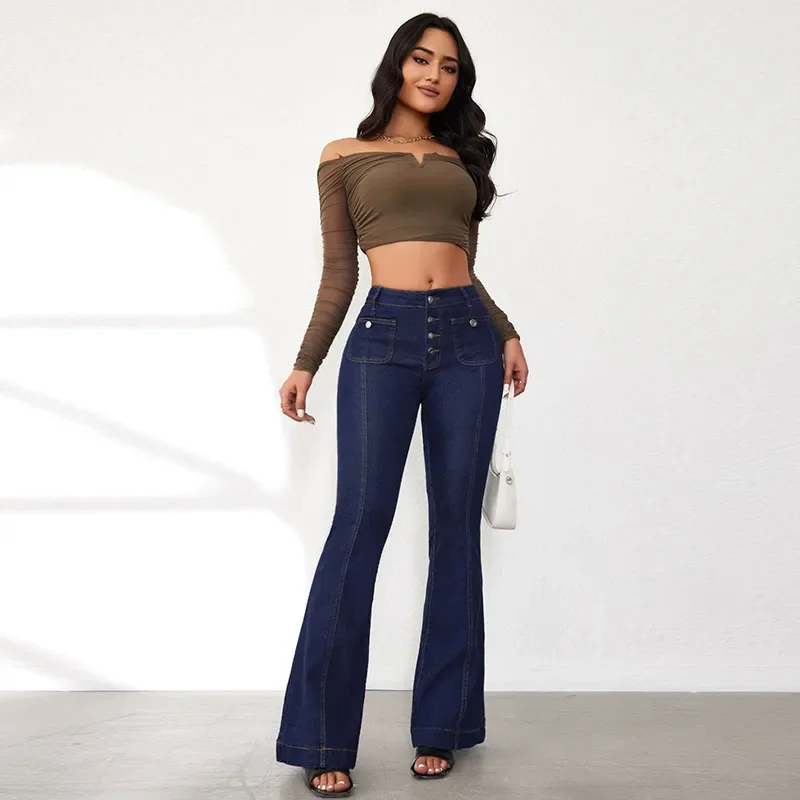 

Elegant Single Breasted Women's Denim Flare Pants Retro High Waist High Package Slim Commute Jeans New Chic Ladies Trousers