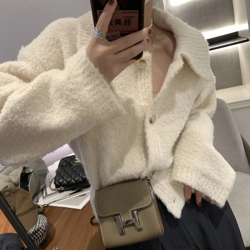 Knitted Cardigan Women Solid Fluffy Autumn Winter Tops Loose Gentle Turn-down Collar All-match Sweet Daily Female Korean Style