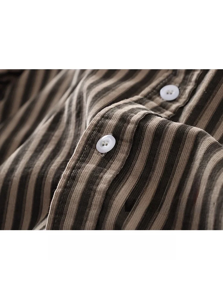 Mr. WH Retro Striped Short Sleeve Casual Shirt Men Summer Hong Kong Style Loose Workwear Jacket Polyester Fiber Four Seasons