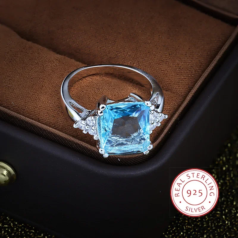 18k Luxury Silver Women's Noble Blue Cubic Zirconia Ring Elegant Women's Ring Fashion Jewelry Party Wedding Jewelry Gift