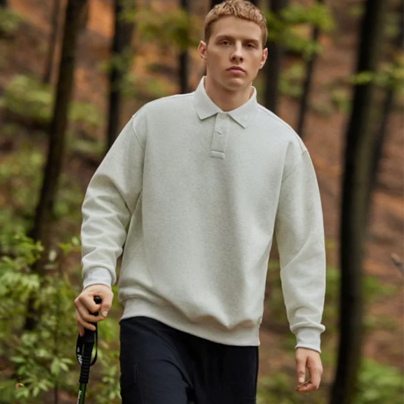 350gsm メンズヘビーコットンポロシャツ ヨーロッパ風カジュアル通勤ルーズフィットTシャツ 秋 ターン ダウンカラー 長袖 オフィス トップス ユニセックス
