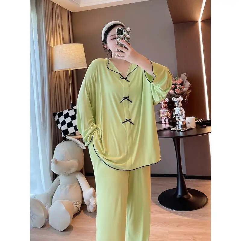 Large Size 4XL 150KG Spring Women 2pcs Pajama Sets Pyjama Sleepwear Long Sleeve Large Size Full Sleepwear Clothess Sleep Tops