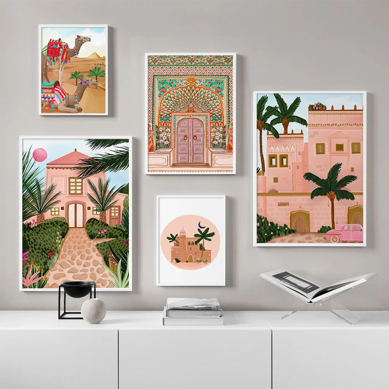 Moroccan Wall Art Canvas Poster and Print Nordic Pink Lotus Gate Decorative Picture Painting for Mosque Living Room Decoration