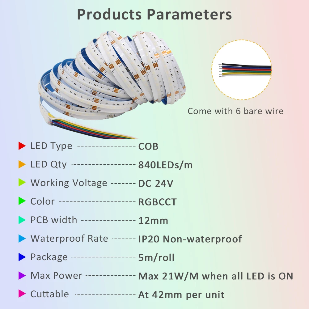 5M COB RGBCCT LED Strip Light Tape Lamp DC 24V 840LEDs/M 5 in 1 RA90 RGBCW LED Dimmable High Density Flexible FOB Linear Ribbon