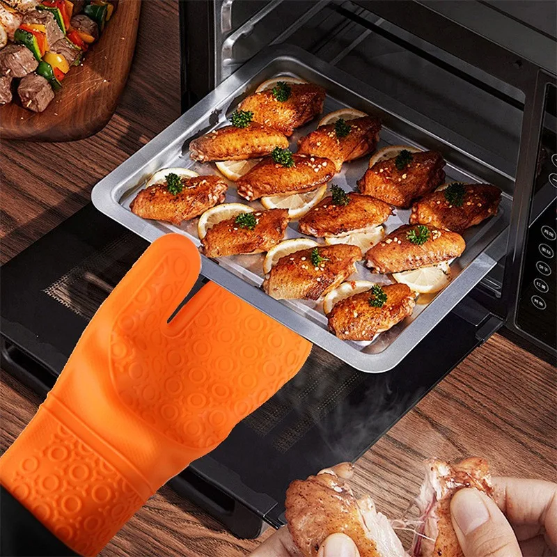 Silicone Thermal Insulation Gloves Two Finger Long Thickened Cotton Kitchen Baking Oven Anti Scald High Temperature Resistant