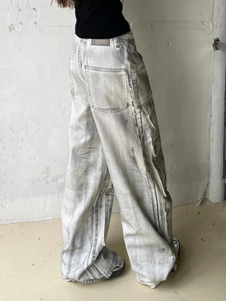 ADAgirl Oversize Wide Leg Cargo Jeans Women Y2k Vintage High Waist Pockets Do Old Straight Denim Pants Hip Hop Casual Trousers