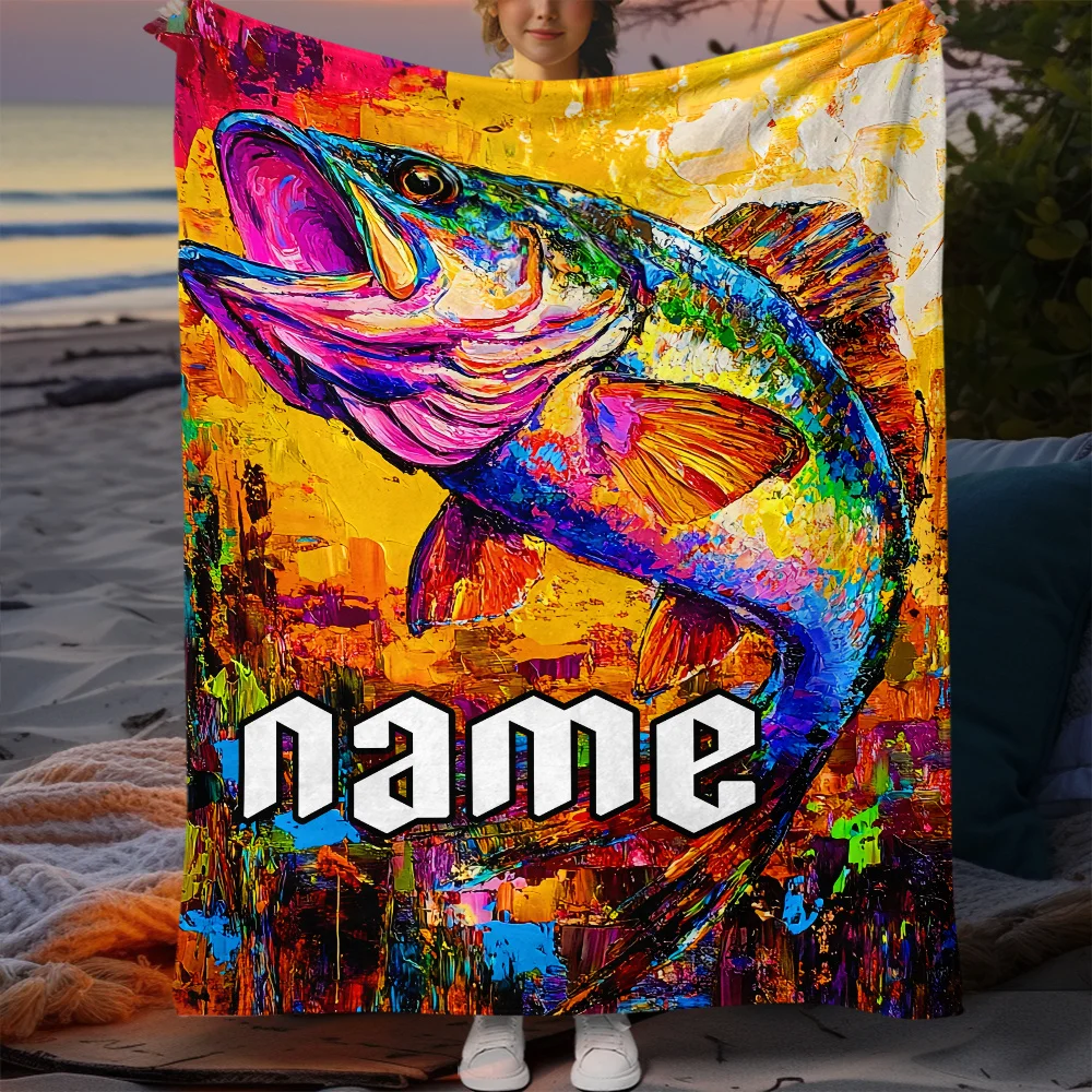 Custom name colorful fish flannel blanket, suitable for sofa, bed, birthday, children, fishing enthusiasts, friends, gift