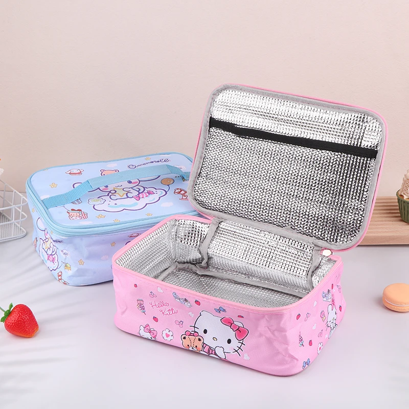 Cute Sanrio Kuromi Lunch Bag Cartoon My Melody Cinnmoroll Double-layer Travel Thermal Breakfast Box Tote Food Bag di grande capacità