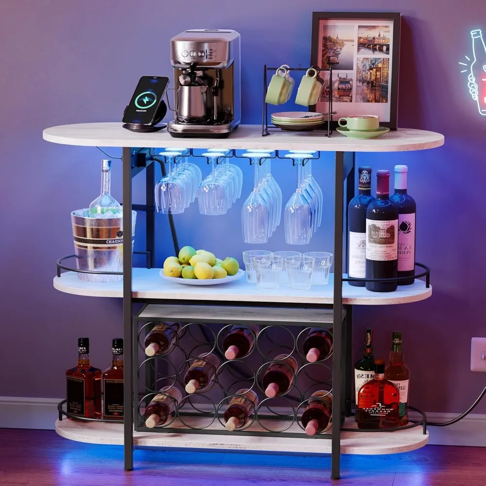 

vasagle bar cabinets for home, led coffee bar with power outlets, home mini bar for liquor, freestanding wine rack with glass ho