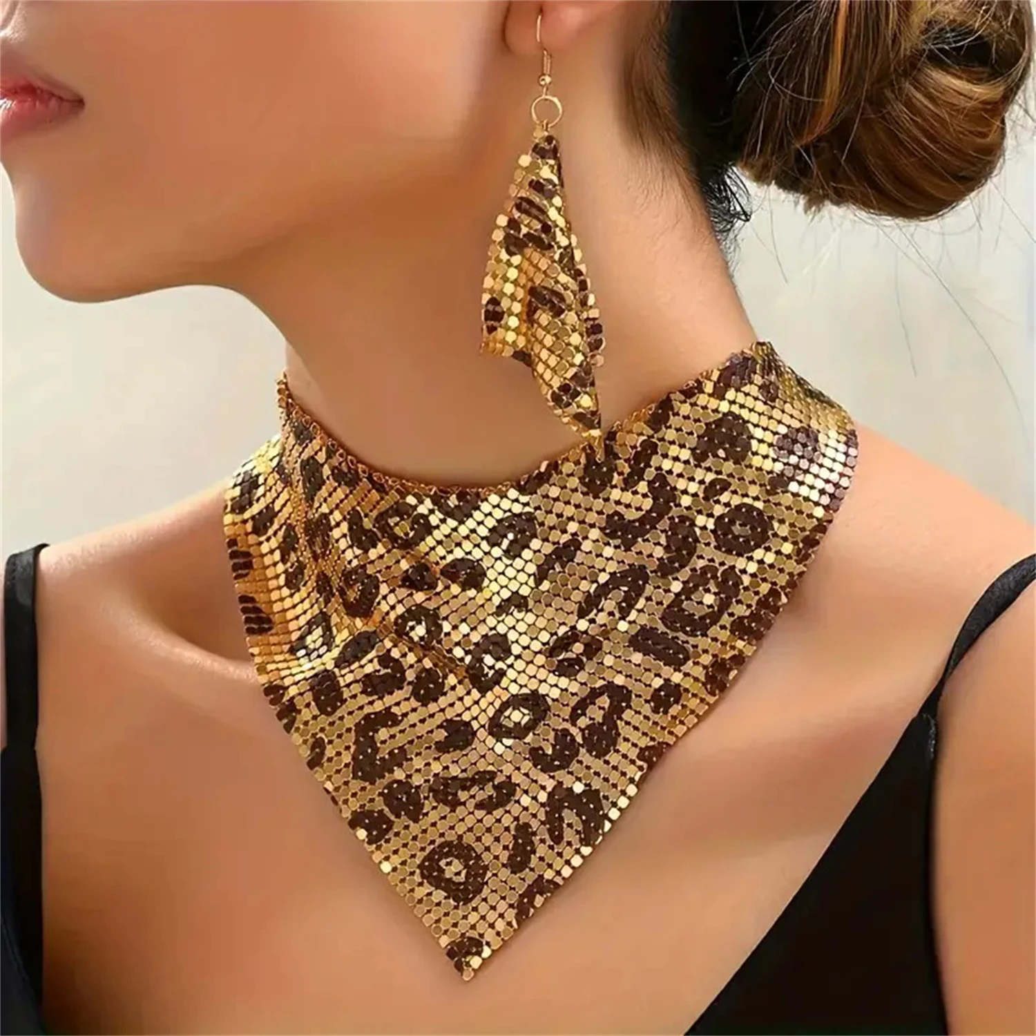

WAKA Trendy Leopard Print Sequin Triangle Scarf Choker & Earring Set - Glam Party Statement Jewelry for Women