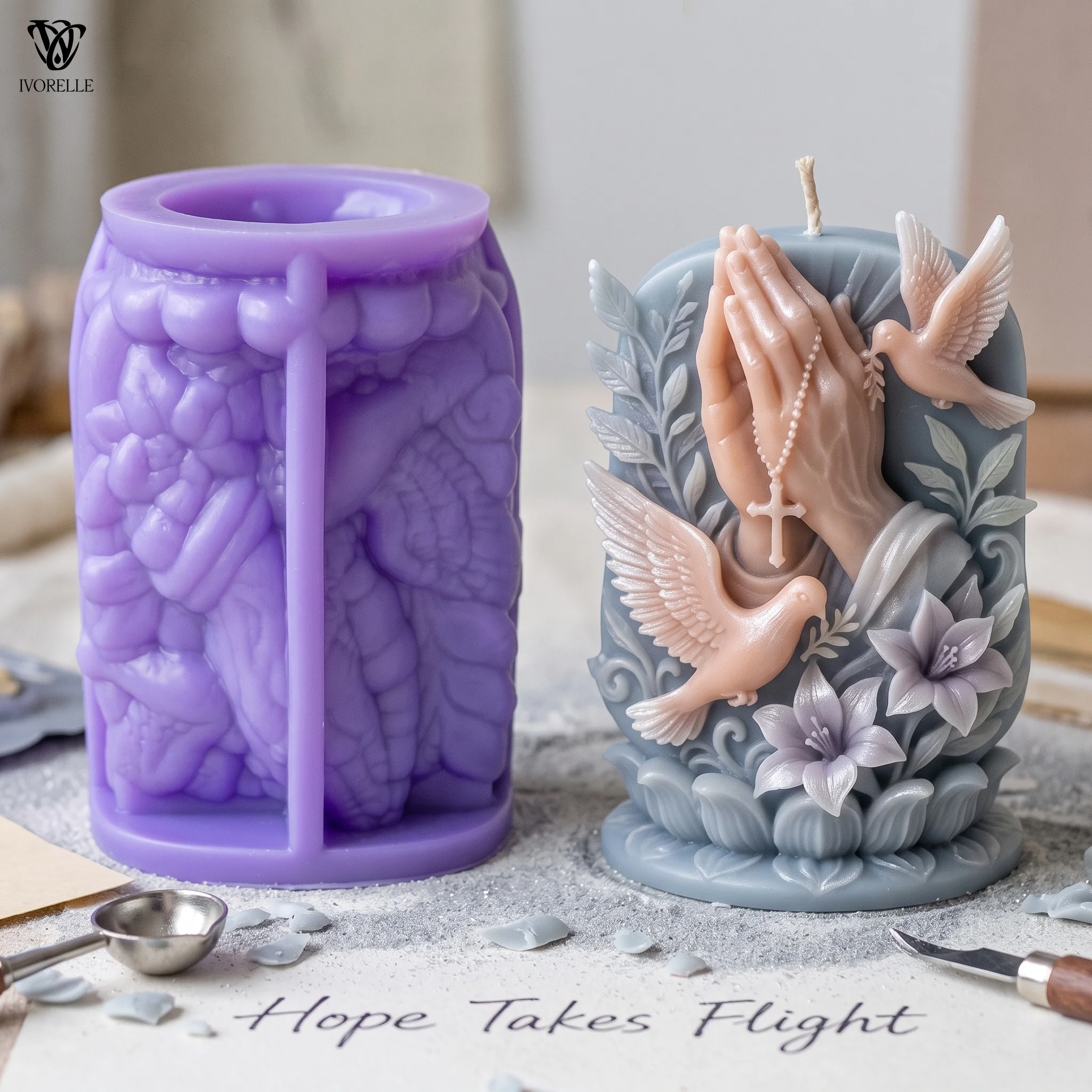 IVORELLE Praying Hands And Doves Silicone Candle Mold Raised Cross Relief For Wax Resin Plaster Soap DIY Home Decor Craft