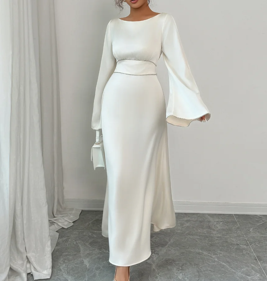 

Womens Dresses 2025 Spring New Solid Color Temperament Style Waist Cinching Lace Up Round Neck Long Sleeved Casual Long Dress