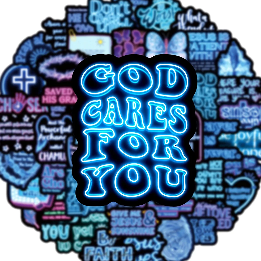 

10/30/50pcs Blue Bible Neon Light Cartoon Stickers Religious Christian Jesus Decals Water Bottle Phone Notebook Funny Sticker