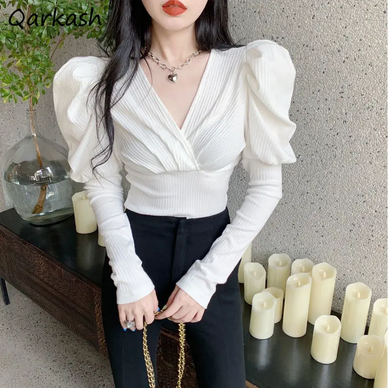 V-neck T-shirts Women Sexy Slim Tender Defined Puff Sleeve Pure Sweet Elegant French Design New Female Fashion Chic Temperament