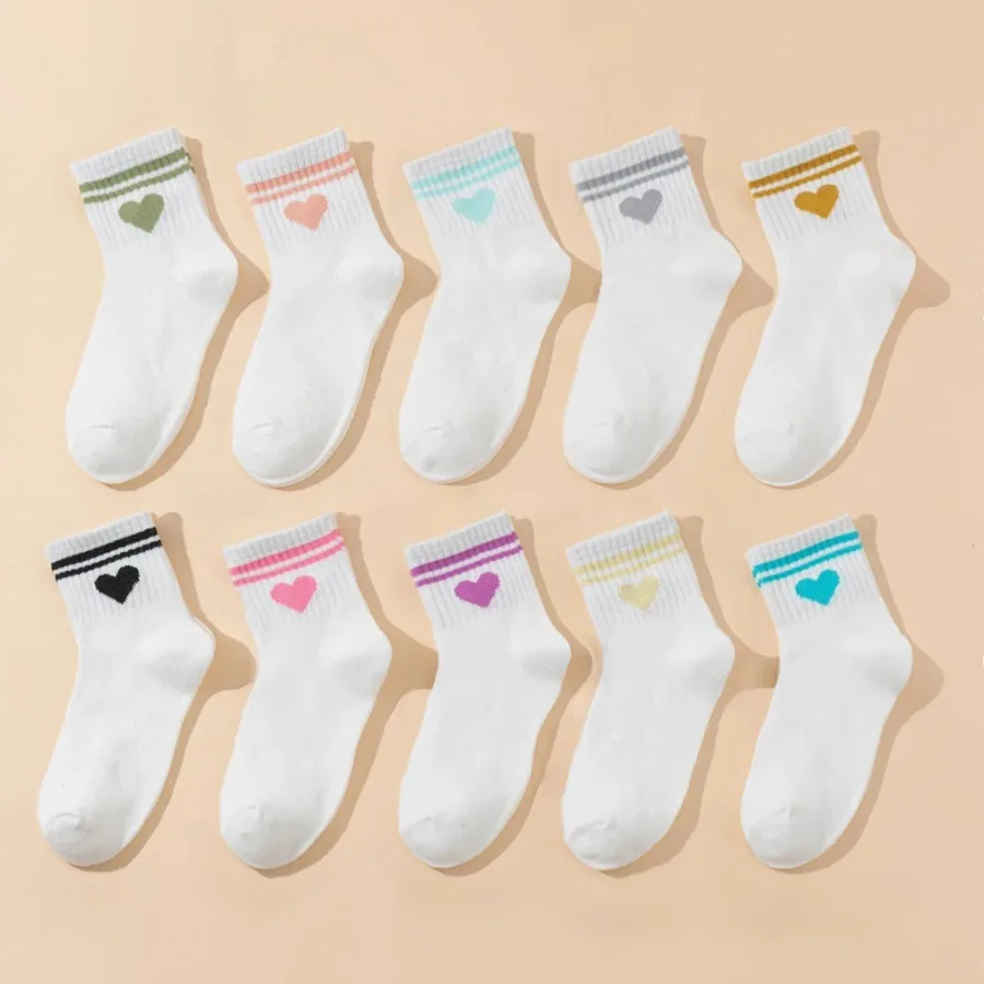 10 Pairs Kids Socks Heart Pattern Bar White Basic Sports Versatile Children's Footwear, Girls' School Socks