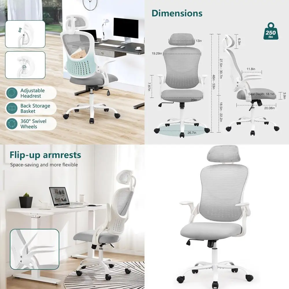 

High-Back Mesh Office Chair with Lumbar Support, Adjustable Headrest, Flip-Up Arms, 360° Swivel, Gray