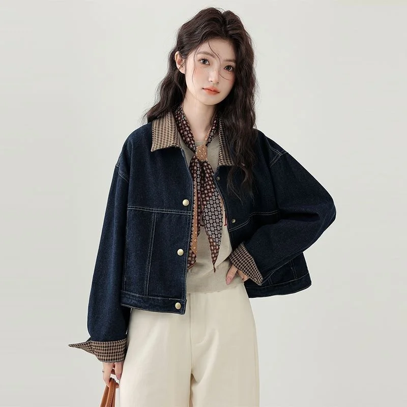 سترة من قماش الدنيم بتصميم خارجي مع طية صدر متباينة من قماش الدنيم سترة نسائية ربيعية عصرية للشيخوخة سترة واحدة الصدر المد