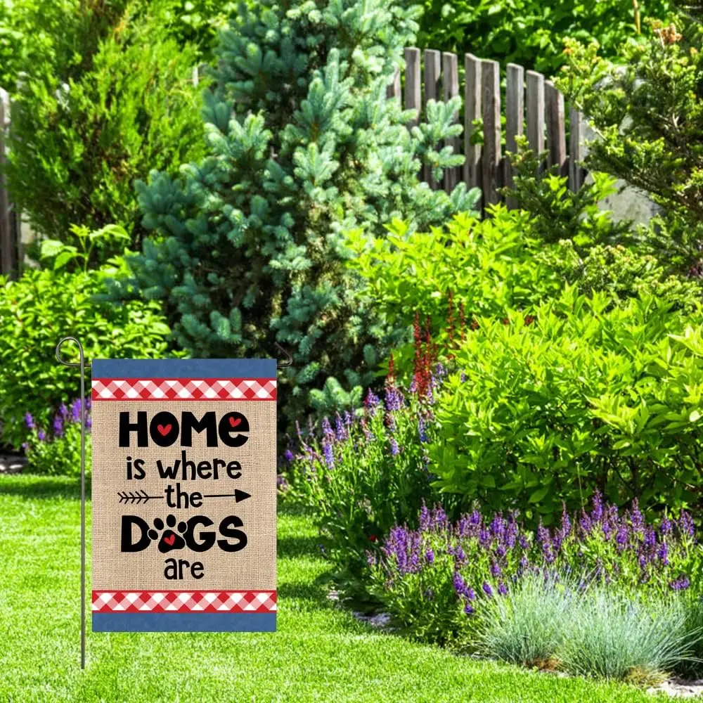 Home is Where the Dogs Are Garden Flag Pet Lover Yard Flag 12×18 Inch Double Sided Dog Lover Gift Gingham Denim Burlap Yard jjp